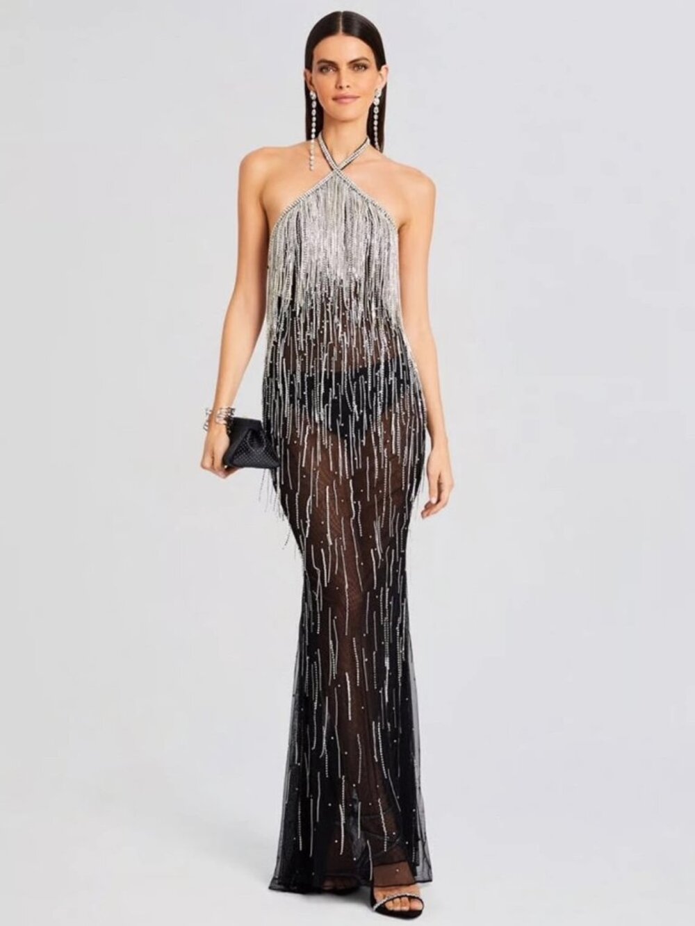 RETROFETE BELLE EMBELLISHED FRINGE SILVER/BLACK LONG DRESS LARGE